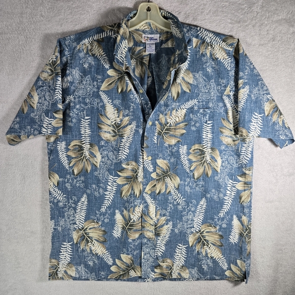 Reyn Spooner Large Blue Button Up Short Sleeve Hawaiian Shirt Men Leaves - Picture 1 of 8